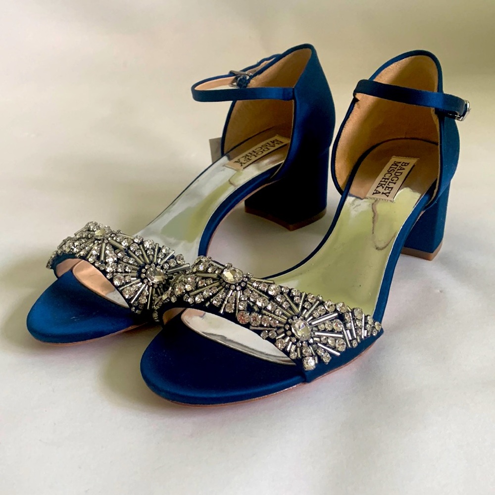 Badgkey Mischka blue rhinestone block heels